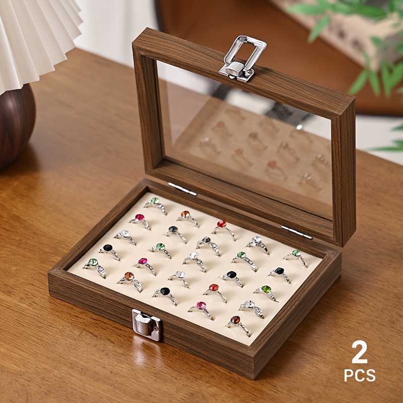 Vintage Wooden Jewelry Organizer Box with Glass Lid
